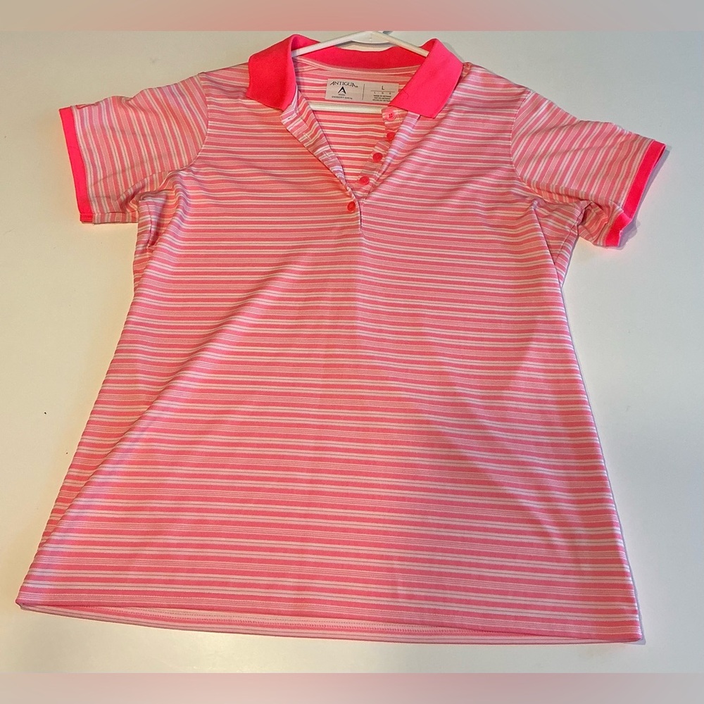 Antigua Pink and White Striped Short Sleeve Polo